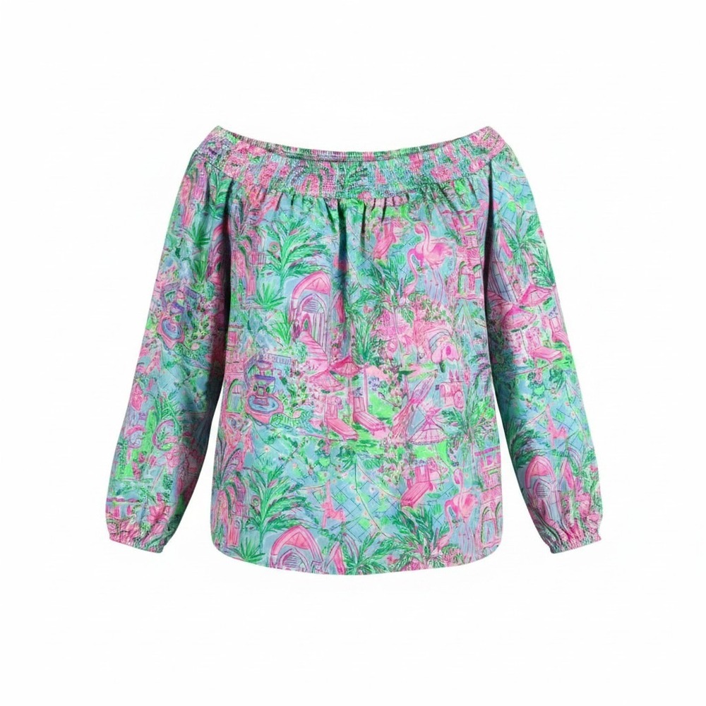 Lilly Pulitzer Womens Palm Beach Flamingo Print Off Shoulder Blouse Blue Pink L